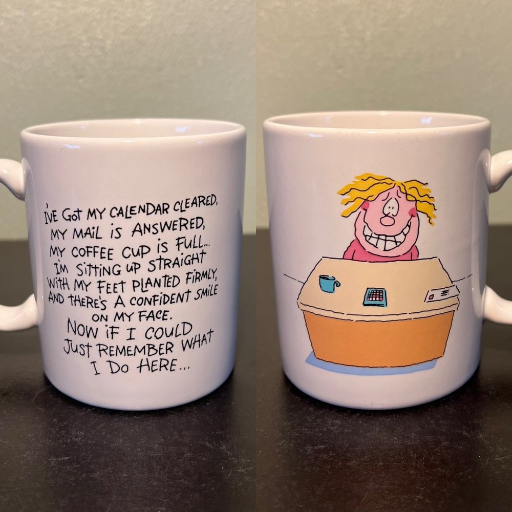 Vintage HALLMARK Ceramic Coffee Mug What Do I Do Here? Office Humor Cup Retro